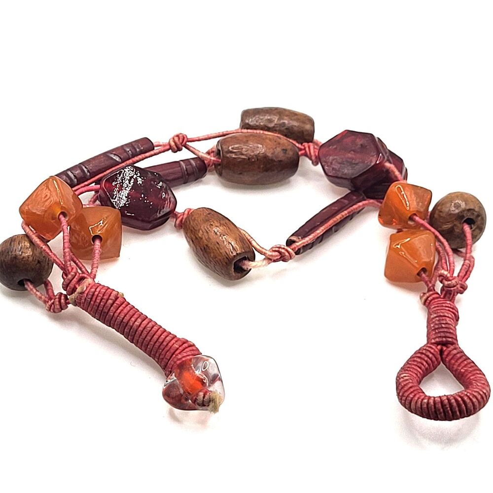 Multi-strand Carnelian Wood Beaded Bracelet Anklet Red cord 9in - Picture 5 of 6